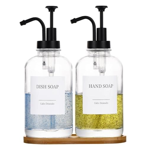 Glass Soap Dispenser with Pump, Dish and Hand Soap Dispenser for Kitchen Bathroom Set, Clear Glass Dispenser Set of 2 Pack with 18 Stickers Funnel Bamboo Tray 500ml 18oz / Each Bottle Sliver Pump