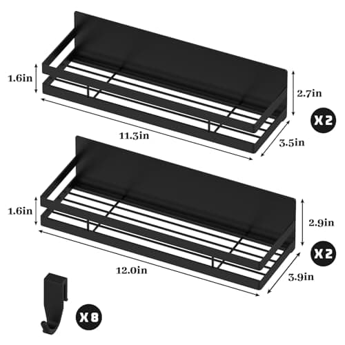 MIUGO Magnetic Spice Rack for Refrigerator 4 Pack, Moveable Magnetic Shelf for Fridge and Oven，Black Magnetic Spice Rack for Kitchen Organizers and Storage, with 8 Moveable Hooks 6