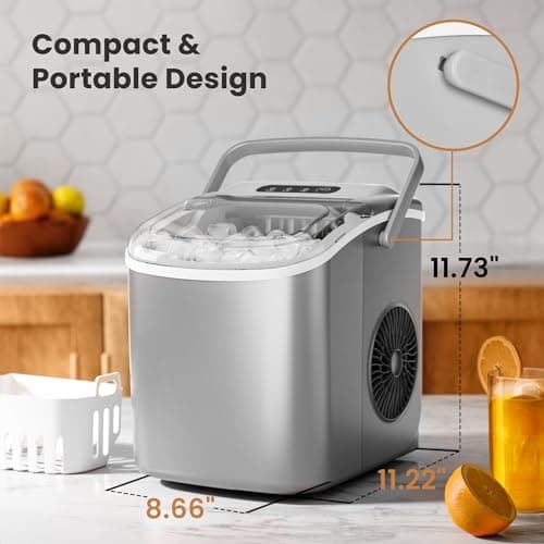 Portable Countertop Ice Maker Machine with Handle, 9 Bullet-Shaped Ice Cubes Ready in 6 Mins, 26Lbs/24H, Self-Cleaning Function with Ice Scoop and Basket for Home/Kitchen/Party (Grey) 6