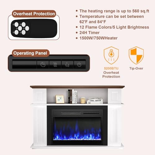 CUOZOVA 41" Electric Fireplace with Mantel, Freestanding Electric Fireplace with 23" Fireplace Insert Heater for Living Room, Remote Control, Fireplace with12 Colors Adjustable Flame, White 5