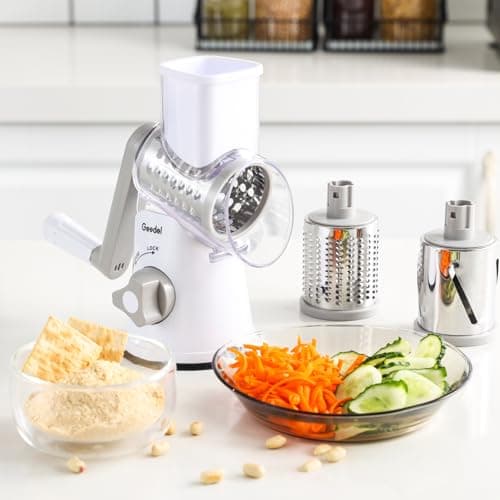 Geedel Rotary Cheese Grater, Kitchen Mandoline Vegetable Slicer with 3 Interchangeable Blades, Easy to Clean Rotary Grater Slicer for Fruit, Vegetables, Nuts 7