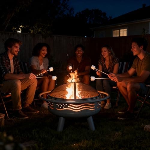 Breezz 32 Inch American Flag Fire Pit with Mesh Cover & Poker, Round Metal Wood Burning Outdoor Firepit for Patio, Garden, Backyard, Bonfire, Ideal for 4th of July, Memorial Day, Christmas 5