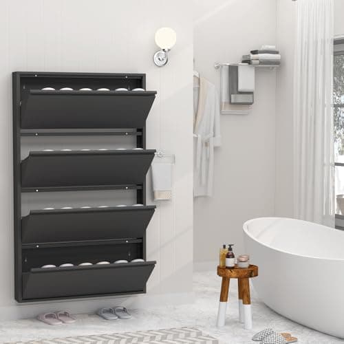 GREATMEET Black Shoe Cabinet Storage for Entryway, Narrow Shoe Cabinet for Entryway Slim, Wall Mounted Metal Hidden Shoe Organizer with 4 Flip Drawers 7