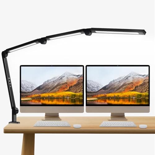 NUERPO LED Desk Lamp with Clamp, Adjustable Swing Arm for Home Office, Dimmable Tempering Eye Care Table Light, Black Aluminum