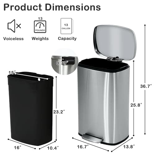 BIQWBIC 50 Liter / 13 Gallon Kitchen Trash Can, Stainless Steel with Lid, Foot Pedal and Inner Bucket, Fingerprint-Resistant Soft Close Lid Garbage Can, Odor Proof and Hygienic 6