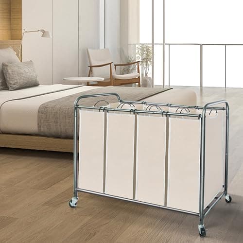 STORAGE MANIAC Laundry Sorter 4 Section, 47.8 Gal (181 L) Laundry Hamper with Wheels, Clothes Divider Basket Sorter, Clothes Separator Hamper Cart with Wheels and Removable Bags, Beige 6