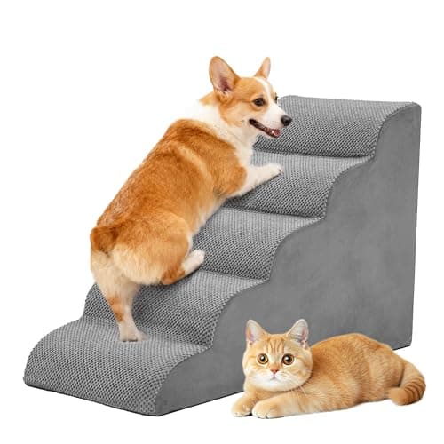 DUMOS Dog Stairs Ramp for Small Dogs and Cats, 5-Step Curved Pet Dog Steps with High-Density Foam for Puppy and Older Cats, Indoor Non-Slip Pet Ladder Ramp Stairs for Couch, High Beds, Sofa, Car, Grey