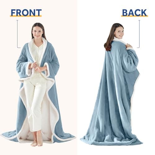 Sealy Electric Blanket Wearable with Foot Pocket, Electric Snuggle Blanket with Sleeves, Flannel & Sherpa Heating Throw with 6 Heat Settings & 2-10 Hours Auto Shut Off, 50 * 70"+18", Light Blue 6