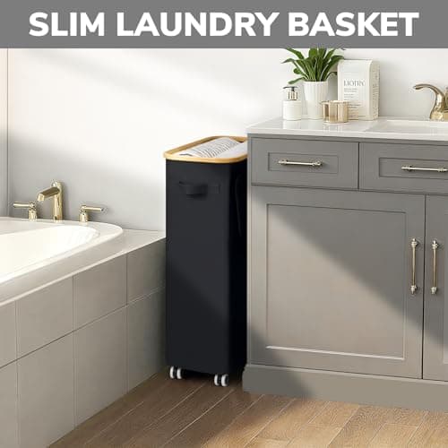 Goodpick Slim Laundry Basket with Wheels and Lid, 75L Rolling Laundry Hamper for Dorm Home Decor, Large Clothes Hamper with Bamboo Frame Removable Bag, Black, 17" x 9.8" x 29.5" 6