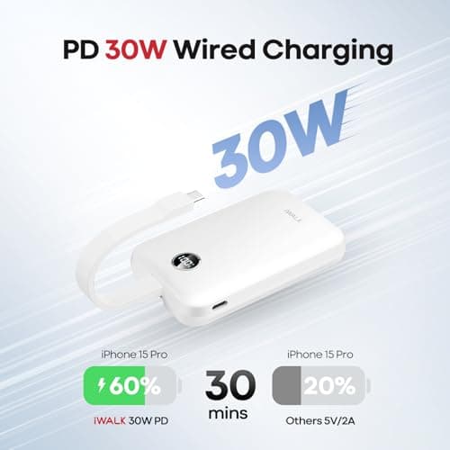 iWALK Magnetic Power Bank 10000mAh, 30W Wireless Portable Charger with Fast Charging USB-C Cable,Qi2 Certified 15W Battery Pack with LED Display for iPhone 17/16/16 Pro/15/14/13 Series, Samsung Galaxy 2