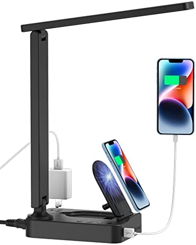 Drevet LED Desk Lamp with Wireless Charger, Desk Table Light with USB Charging Port and 2 Outlets, 3 Lighting Modes, 3 Level Brightness, 1H Timer, Touch Control, Eye-Caring Home Office Foldable Lamp