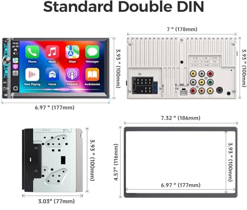 Kissound 7" Double Din Car Stereo with Wireless Apple Carplay & Android Auto, Bluetooth, 240W, SWC, Subwoofer Out, Mirror Link, USB-C/AUX/TF, FM/AM Car Radio Receiver, Backup Camera 7
