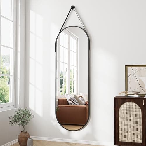 ZMYCZ Full Length Mirror, Oval Wall Mounted Mirror, 48"x16" Door Mirrors Full Length with Hanging Leather Strap with Aluminum Frame for Bathroom Living Room Entryway (Black)