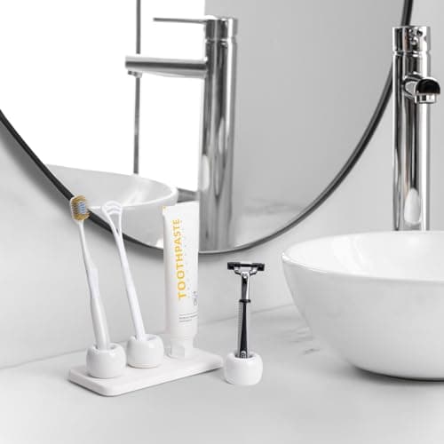 Dersyer 3 Pack Mini Ceramic Toothbrush Holder Stand with 1 Pack Water Absorbing Stone for Bathroom Vanity Countertop, Toothbrush Organizer, White 6
