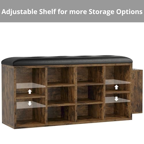 IRONCK Shoe Bench with 10 Cubbies, Storage Entryway Bench with PU Leather, Shoe Storage Rack Organizer with Adjustable Shelves, Vintage Brown 7