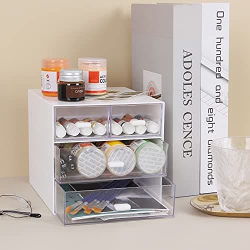 Zyners Desk Organizer with Drawer, Office Organizer with 4 Drawers, Desk Storage Box for, Desktop, Dressing table, Office, School, Home, Plastic Box and 4 Acrylic Drawers(White) 6