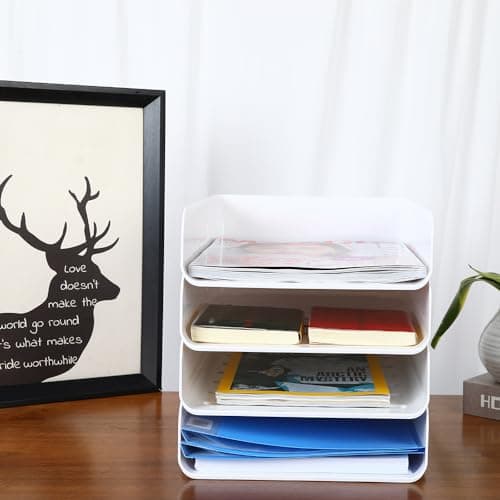 (4pcs Pack) HKeeper Stackable Paper Trays,Letter Tray Organizer,Office Desktop Organizer,A4 Paper Holder,Supplies Magazine,File Documents,Receipts（White,Regular） 9