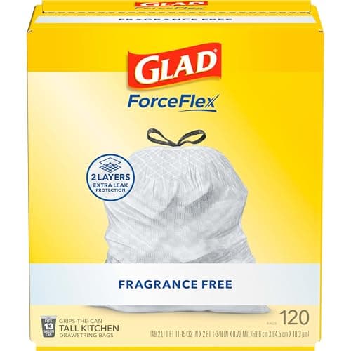 Glad® ForceFlex Tall Kitchen Drawstring Trash Bags, 13 Gallon, Unscented, 120 Count.