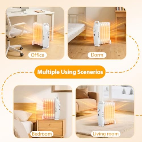 Oil Filled Radiator Heater, Electric Oil Radiant Heater Under Desk, 700W Heat Up & Overheat Protection, Portable Space Heater for Bedroom Office Indoor Use, White 7