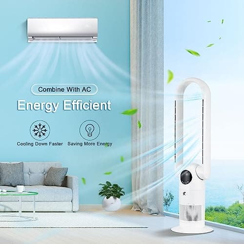 OceanLoong Bladeless Tower Fan and Air Purifier in one, 90° Oscillating Bladeless Fan with Remote,Tilt Head,Timer for Bedroom, 39Inch AC68P White 8