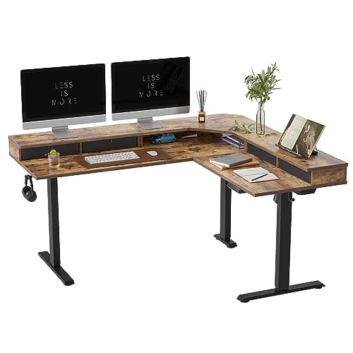 FEZIBO 63" L Shaped Standing Desk with Drawers, Electric Adjustable Height Standing Gaming Desk L Shape, Black Frame/Rustic Brown Top