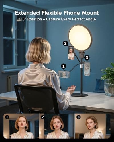 1300 Lumens Ring Light with Stand for Desk, Computer & Laptop – Podcast & Streaming Light with Flexible Phone Holder, CRI 98+ Bright Yet Soft Influencer Light for Video Recording, Conference & Calls 5