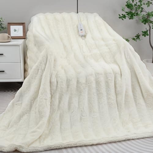 TiMiCalda Heated Blanket Electric Throw- 50"x60" Soft Thick Faux Fur Electric Blanket for Sofa with 5 Heat Levels & 4 Hours Auto-Off Overheat Protection, Warm Cozy Gifts, Cream