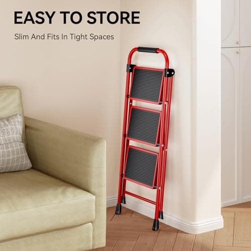 KINGRACK Step Ladder, 3 Step Ladder with with Anti-Slip and Wide Pedal,Portable Foldable Step Stool with Handgrip,Tall Sturdy Step Ladder for Home Kitchen Household,Red 7