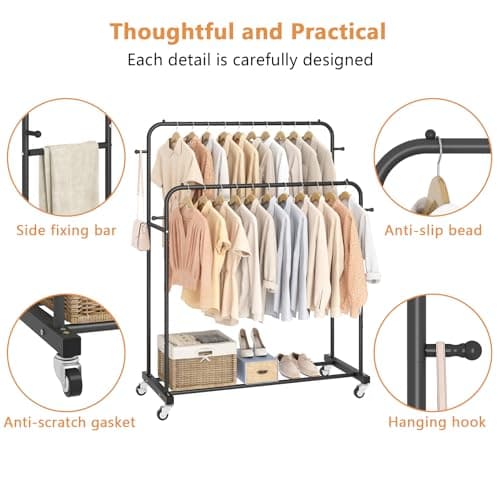 Laiensia Double Rods Garment Rack with Wheels, Clothing Rack for Hanging Clothes,4 Hooks, Multi-functional Bedroom Clothes Rack, Black 6