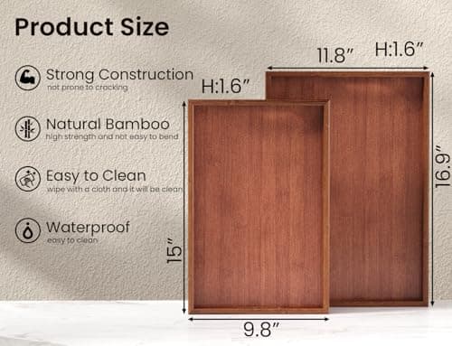 Fibogollo Bamboo Set of 2 Serving Tray with Handles,Decorative Trays Platter,Breakfast Tray in Bed,Food Drinks Tray for Eating,Working,Storing(Brown) 6