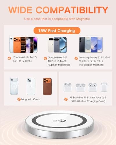 for Mag-Safe Charger 2 Pack,Qi2 Certified 15W Magnetic Wireless Charger Fast Charging Pad for iPhone 17 16 15 14 13 12&Airpods Pro 4 3 2&Samsung Galaxy S25&Pixel 10 Series,Strong Magnet,Ultra-Thin 6