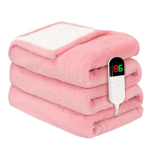 PTQ Premium Heated Throw Blanket 50"×60" - Ultra Cosy Soft Electric Blanket with 8 Heating Levels,Plush Fast Heating Faux Rabbit Fur Blanket for Bed & Couch - Auto Shut Off,Machine Washable (Pink)