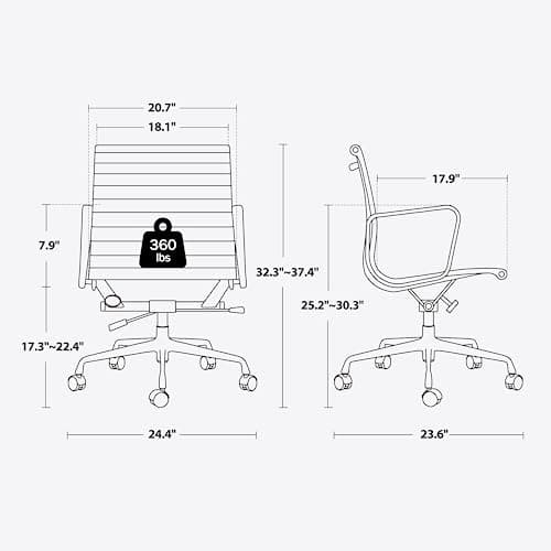Ribbed Office Chair Black Genuine Leather Office Chair Mid Back Swivel Chairs Ergonomic Computer Desk Chairs with Aluminum Alloy Frame and Silent Wheels 2