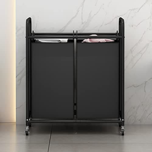 SUOERNUO Laundry Hamper Basket 2 Bag Laundry Sorter Cart with Rolling Lockable Wheels and Removable Bags Laundry Organizer Cart for Clothes Storage, Black 3