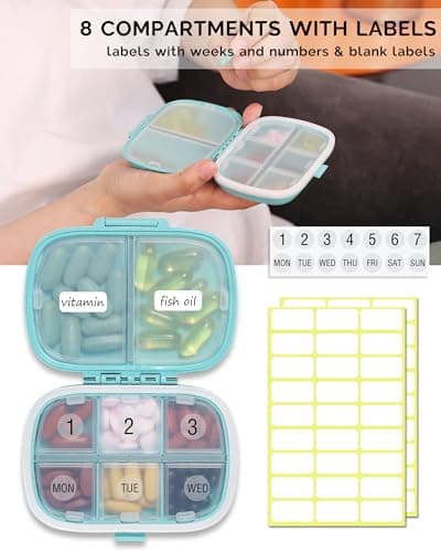 MEACOLIA 3 Pack 8 Compartments Travel Pill Organizer, Daily Pill Case Small Pill Box for Pocket Purse, Portable Pill Container Medicine Vitamin Organizer (Blue, Green, Khaki) 5