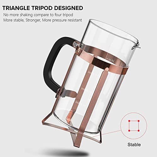 QUQIYSO Coffee Maker 304 Stainless Steel French Press with 4 Filter, Heat Resistant Durable, Easy to Clean, Borosilicate Glass Coffee Press, 100% BPA Free Teapot, 21 ounce, copper 3