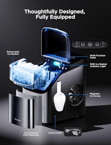 GoveeLife Smart Ice Maker Countertop, Portable Ice Machine with Voice Control, 9 Ice Cubes in 6 Minutes 3 Sizes, 26lbs/24Hrs, Self Cleaning RGB Lights, Quiet Ice Maker with Scoop for Kitchen Black 7