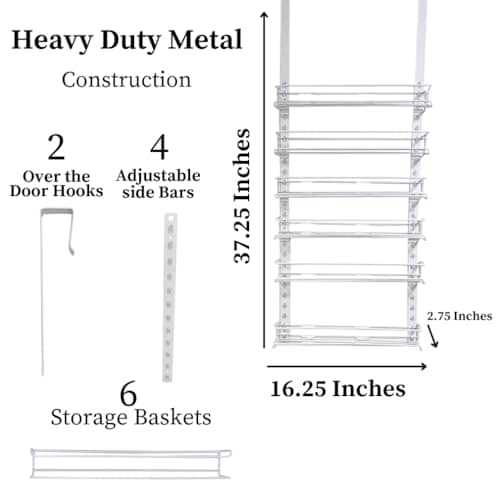 Evelots Over the Door Pantry Spice Rack Organizer -6 Tier -Holds up to 54 Spices- Adjustable Metal Baskets for Kitchen, Bathroom Storage & Organization (White) No Tool Easy Install 6