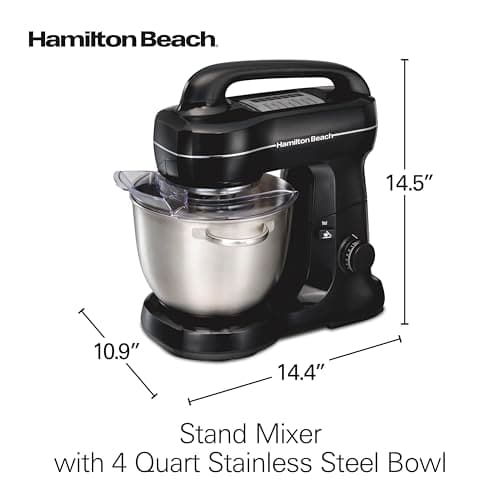 Hamilton Beach Electric Stand Mixer, 4 Quarts, Dough Hook, Flat Beater Attachments, Splash Guard 7 Speeds with Whisk, Easy-Carry Top Handle, Black 8