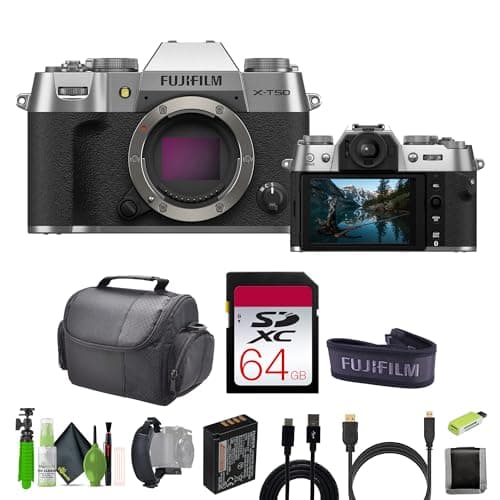 Fujifilm X-T50 Mirrorless Digital Camera Body Bundle with 64GB Memory Card + Cleaning kit + Camara Bag + Vlogging Tripod + More Accessories - Silver