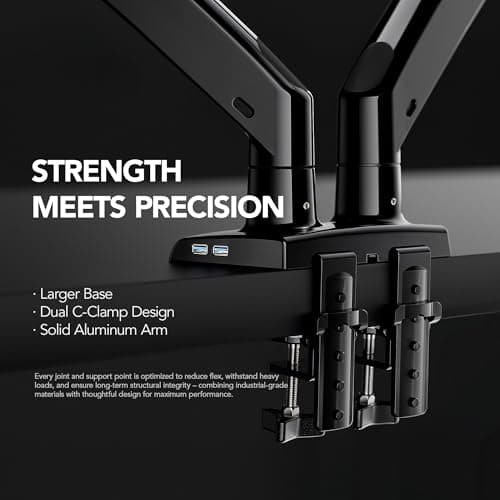 HUANUO Dual Monitor Stand for 13″–40″, Premium Dual Monitor Mount with USB, Height Adjustable Monitor Stand for 2 Monitors, VESA Mount with Clamp/Grommet Base, Holds 26.4lbs per Arm, HNDS7 6