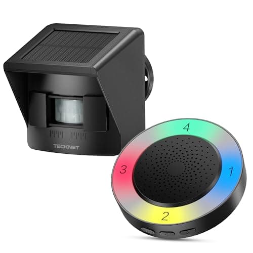 TECKNET Solar Wireless Driveway Alarm with 2600FT Long Range & 36 Melodies & 5 Volumes and Supports 4 Zones Weatherproof Motion Sensor Alarm to Protect Inside/Outside Property (1 Receiver 1 Sensor)