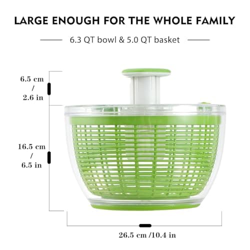 Ourokhome Salad Spinner Lettuce Dryer, One handed Easy Press Large Vegetable Dryer Salad Mixer with Comfortable and Retractable Pusher and Brake Button for Greens, Herb, Berries, Fruit, 6.3 QT, Green 5