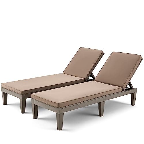 MELLCOM Outdoor Chaise Lounge Chairs Set of 2, All-Weather Patio Loungers with 5-Position Adjustable Backrest and Removable Cushions and Wood Texture Design, Reclining Chair for Beach, Poolside
