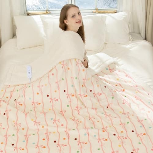 VELLUBAM Pink Bow Heated Blanket Twin Size 62" x 84" - Cozy Cute Sherpa Electric Blanket Twin with 5 Heating Levels & 10 Hrs Auto-Off, Heating Blanket for Sisters, Machine Washable and ETL Certified
