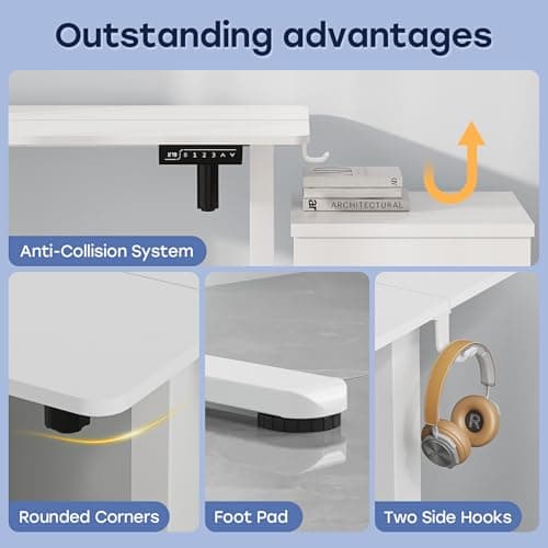 JYLH JOYSEEKER Small Standing Desk, 35" ×20" Electric White Standing Desk, Height Adjustable Compact Sit Stand Workstation with Splice Board, Home Office Desk with 2 Hooks 6