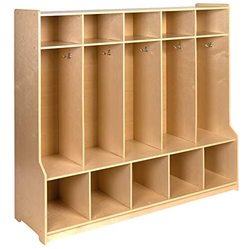 Flash Furniture Hercules Wooden 5-Section School Coat Locker with Bench, Cubbies, and Storage Hooks, Preschool Cubby Organizer, 48"H x 48"L, Natural