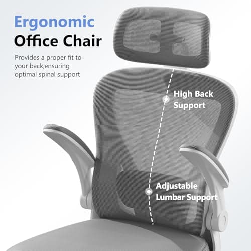 SeekFancy Ergonomic Office Chair M903, Computer Desk Chair with Wheels, High Back Mesh Office Chair with Adjustable Lumbar Support, Headrest, Flip-Up Armrests, White Grey 6