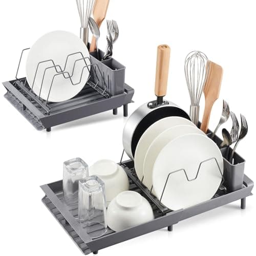 AIDUWANFU Small Expandable Dish Drying Rack, Adjustable Dish Drainer for Kitchen Counter or in Sink, Stainless Steel Drying Dish Rack, Compact Dish Rack with 3 Slots Utensil Holder,Gray