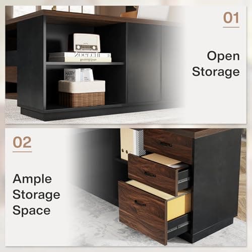 Tribesigns 78" L-Shaped Executive Desk, Large Office Desk with Drawers and File Cabinet, Modern Business Furniture for Home Office (Walnut & Black) 7